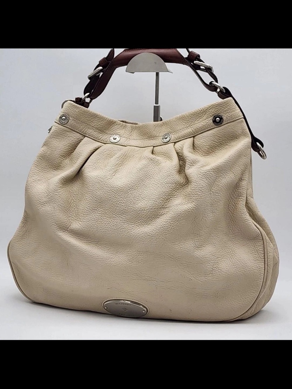 Mulberry Cream Leather Shoulder Bag with Brown Handle